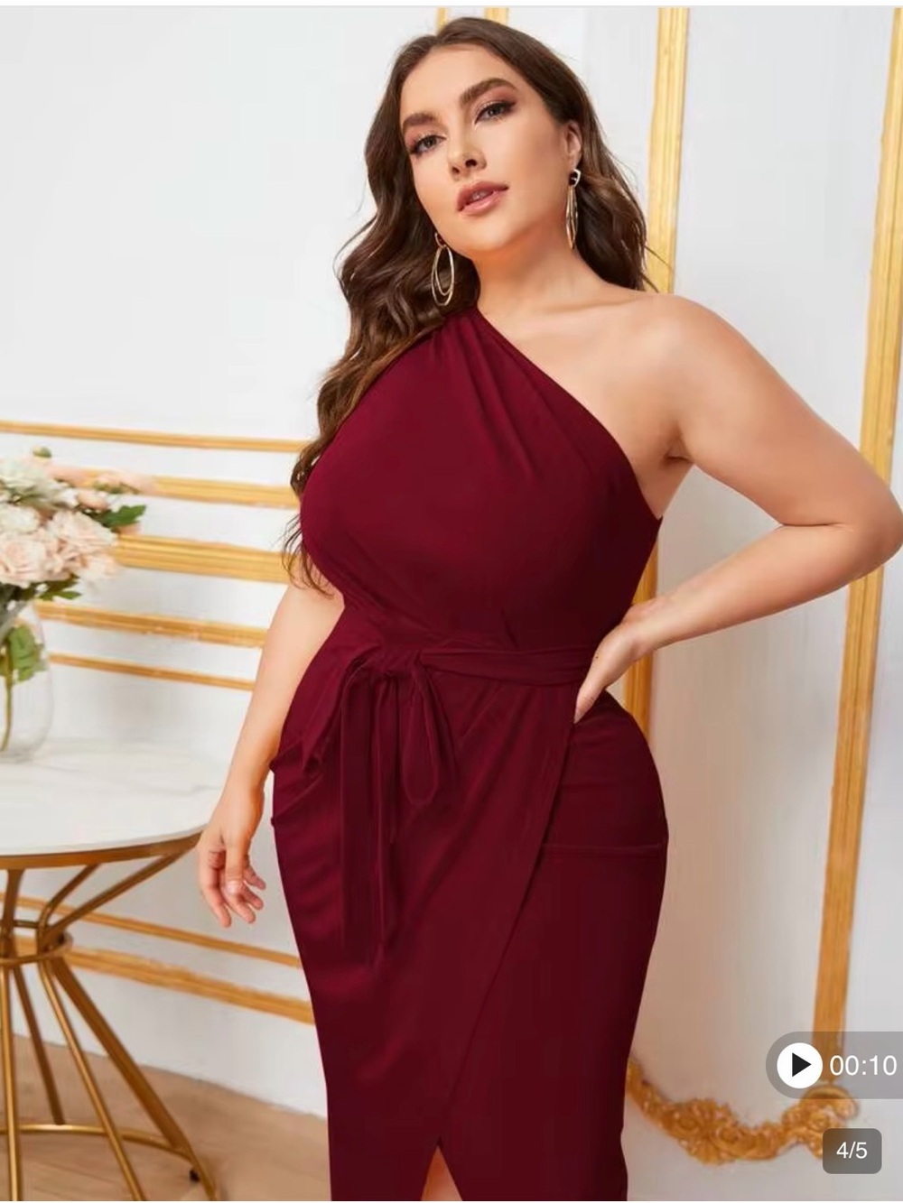 One-Shoulder Burgundy Wrap Dress